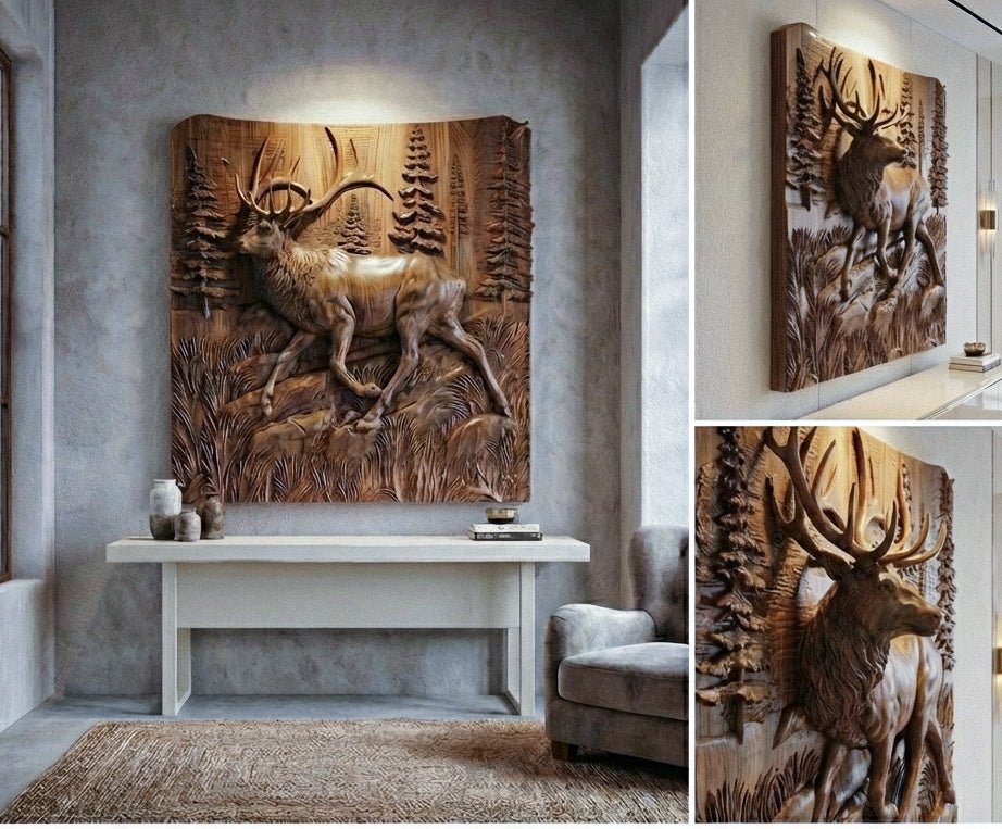 Rustic fine art sculpture 3D wildlife timber carving high end lodge decor mountain estate entry gallery at Home Man Cave