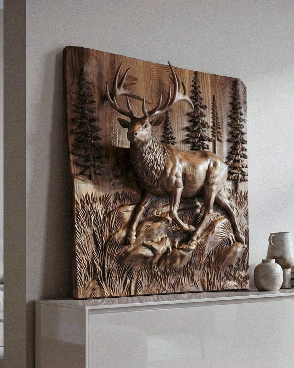 Luxury wood wall art majestic elk 3D wood carving fine art wildlife relief panel rustic lodge home decor at Home Man Cave
