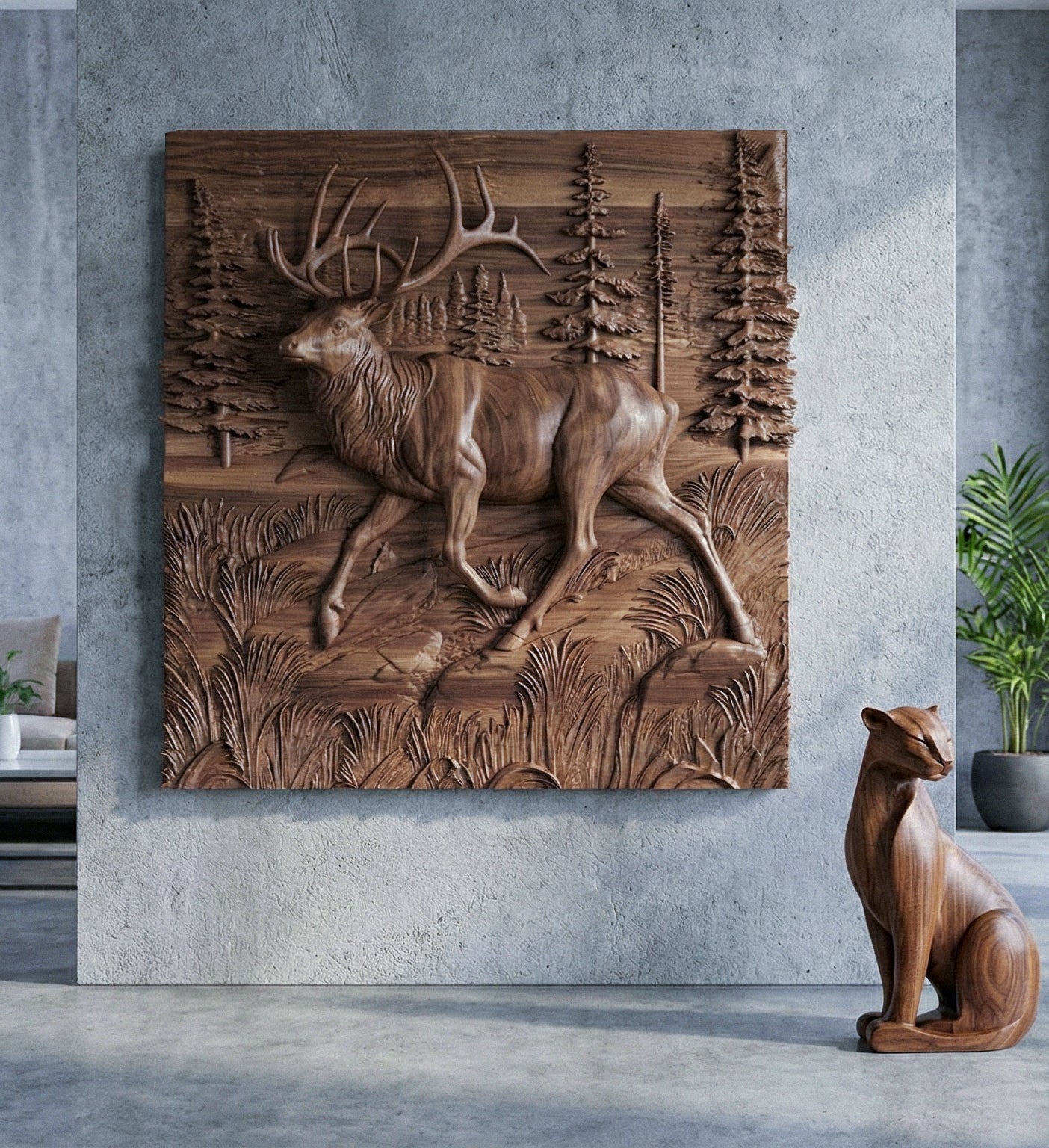 Luxury wood wall art solid timber elk sculpture 3D high relief wildlife panel modern rustic estate decor at Home Man Cave