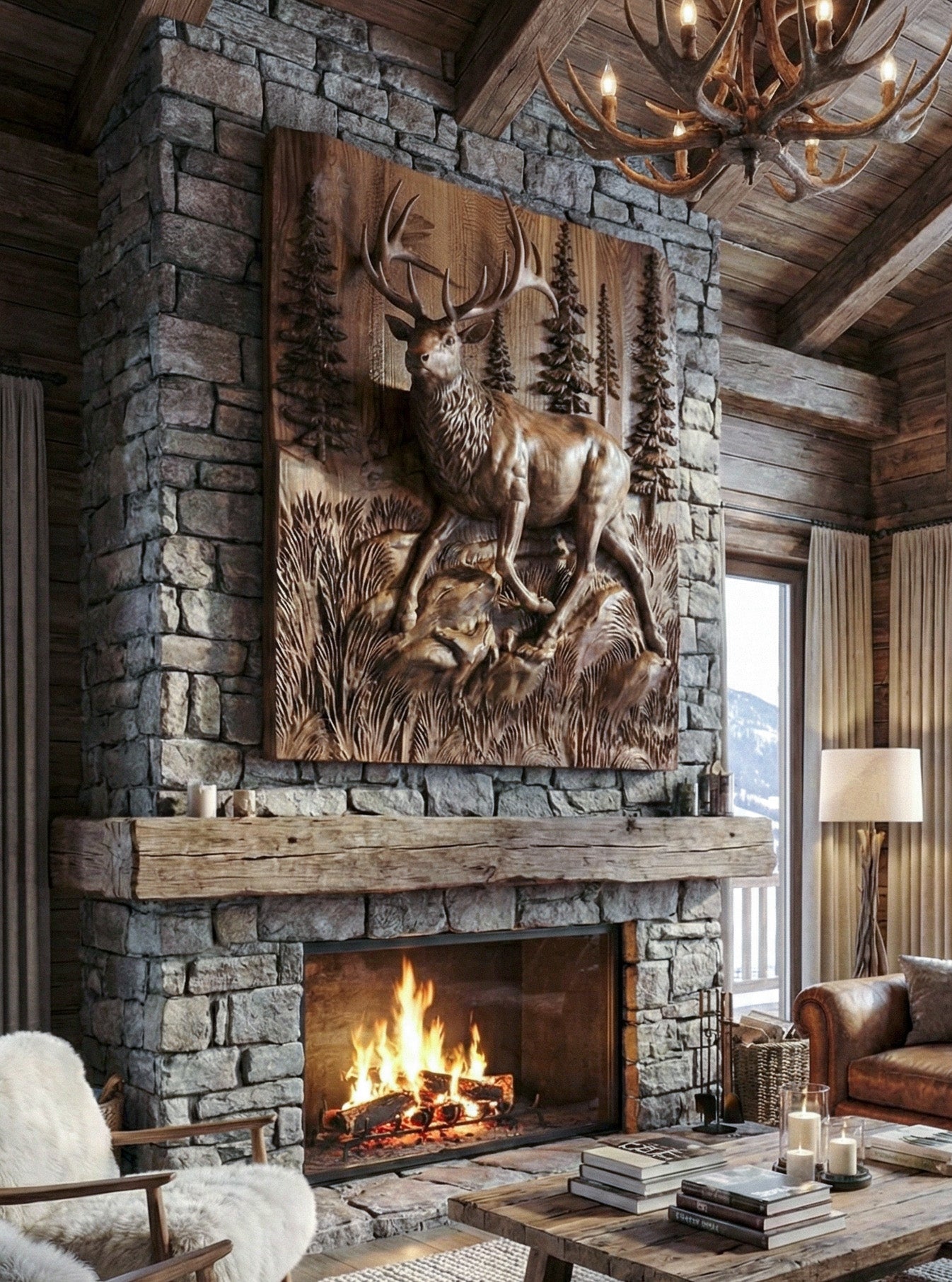 3D wood wall sculpture grand elk relief carving high end lodge decor premium cabin great room art asset at Home Man Cave