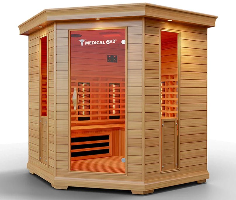 Medical luxury indoor sauna six-person cabin featuring a spacious 62 by 62 by 68 inch interior wooden thermal cabin unit