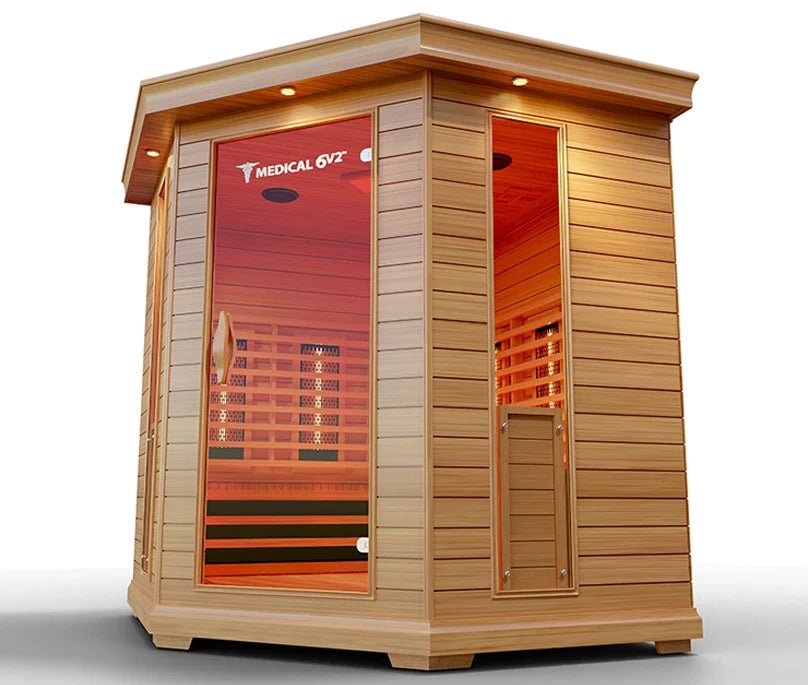 Architectural luxury indoor sauna six-person chamber featuring advanced 3D heat therapy for targeted pain relief and recovery
