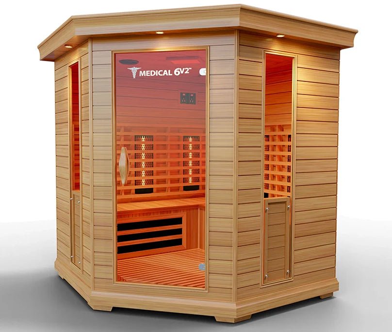Full-spectrum luxury indoor sauna six-person thermal cabin designed for balanced omni-directional heat distribution overall