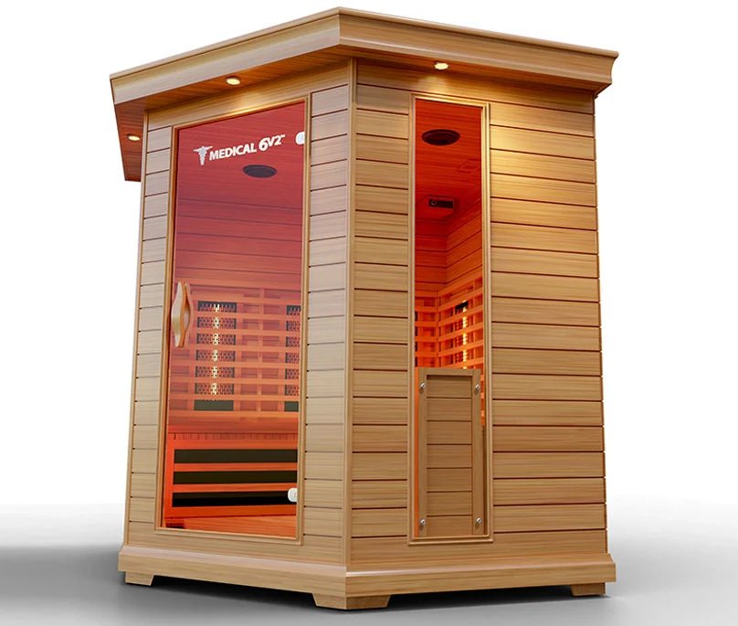 Medical luxury indoor sauna six-person model equipped with twelve omni-directional full-spectrum infrared heating panels