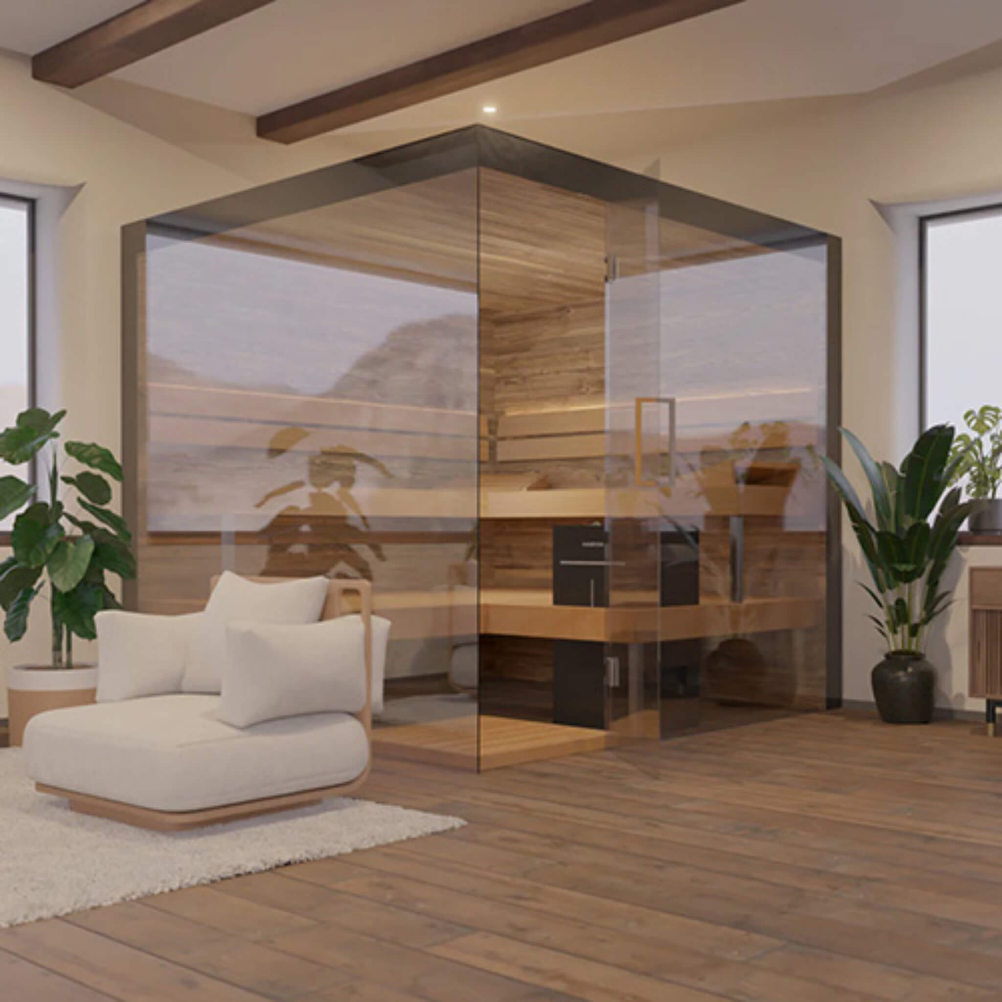 Artisan panoramic glass sauna cabin multi-person thermal retreat custom-installed in luxury estate suites at Home Man Cave
