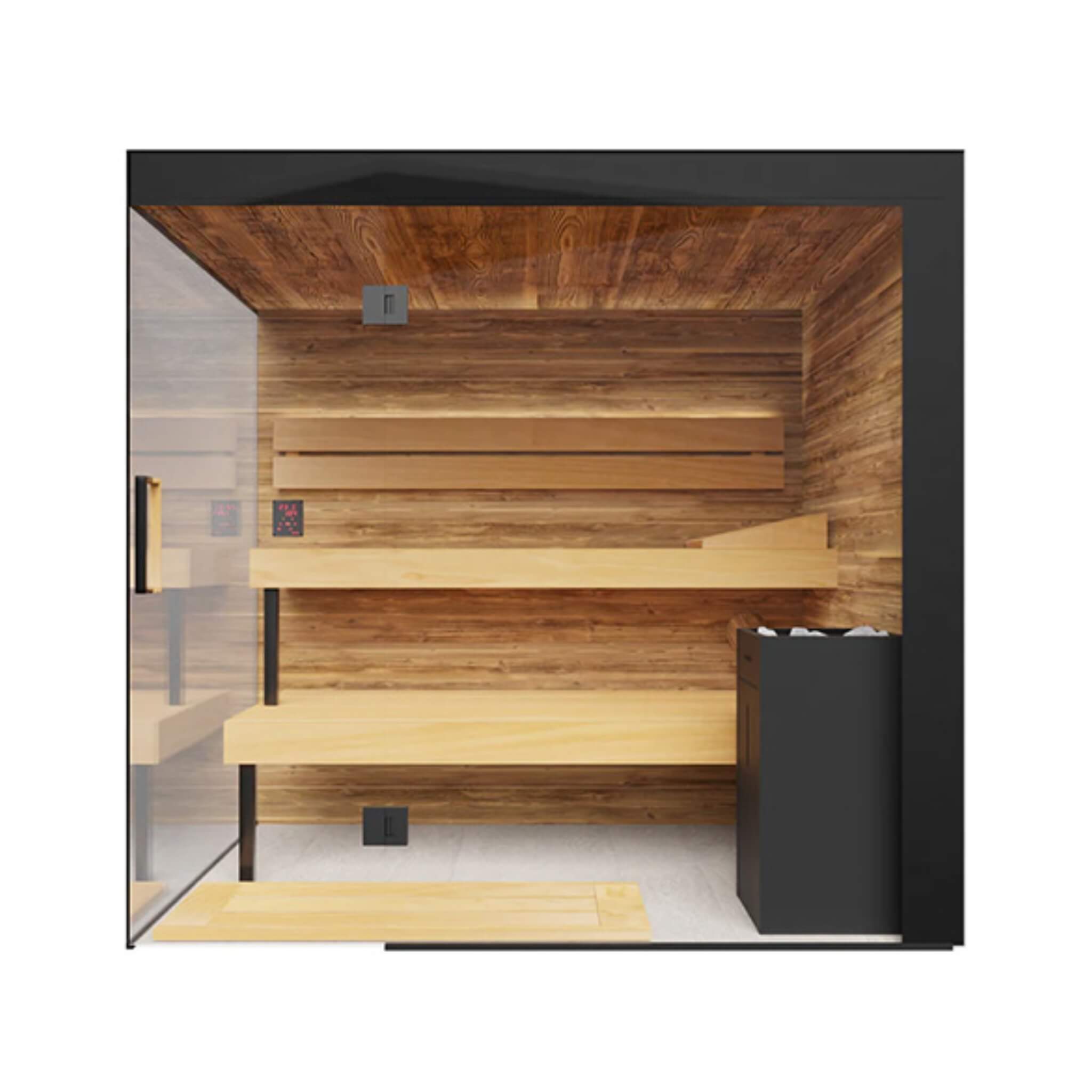 Bespoke panoramic glass sauna cabin engineered with slatted Tyrol wood framing and warp-resistant Thermo-Aspen benchwork