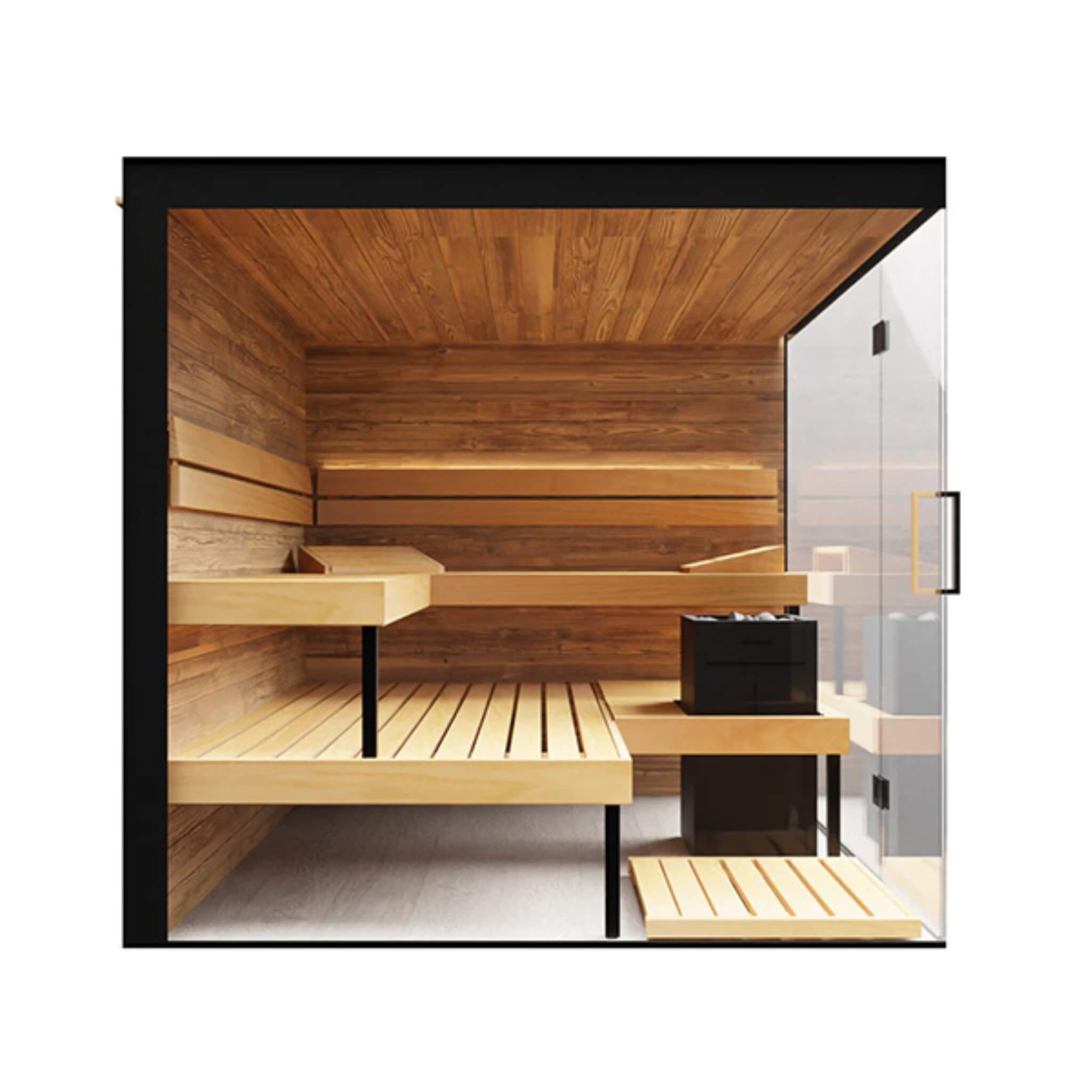 Artisan panoramic glass sauna cabin equipped with Harvia Virta electric heating and multi-layer wood fiber insulation core