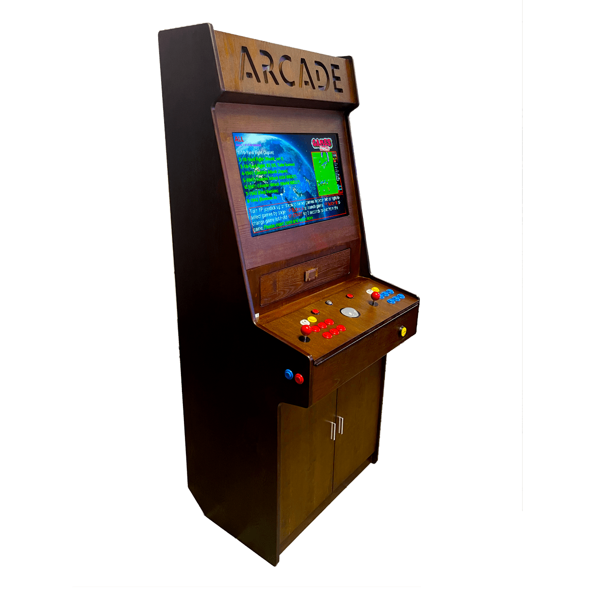 Bespoke wood arcade cabinet is engineered with a premium structural plywood core and professional SANWA joystick controls.