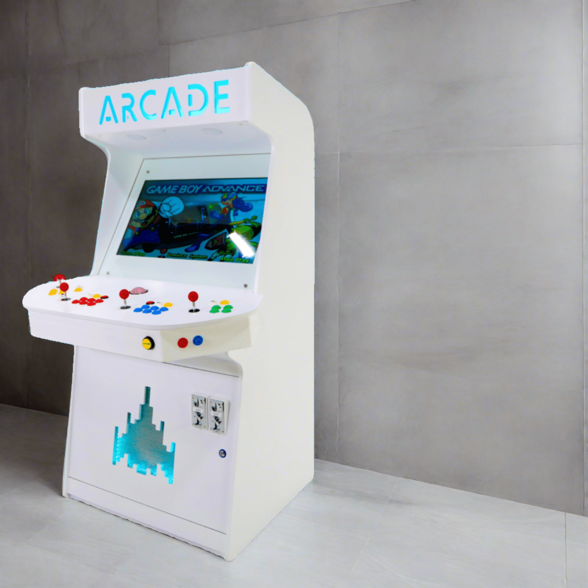 Bespoke white gloss arcade cabinet from the Artisan Edition anchors an ultra-modern luxury gaming lounge at Home Man Cave.