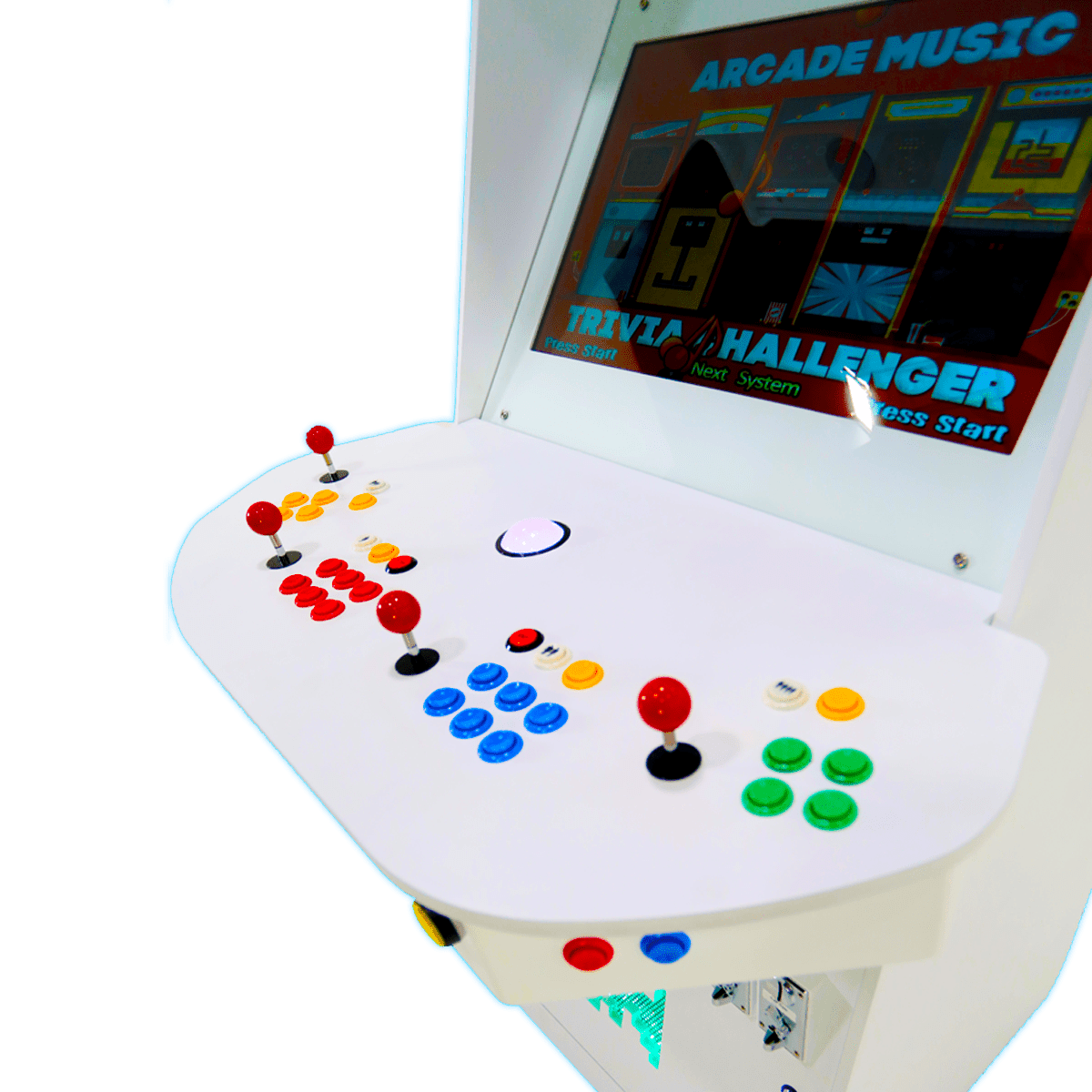 Bespoke white gloss arcade cabinet features a grand four-player control console with premium tournament SANWA joysticks.
