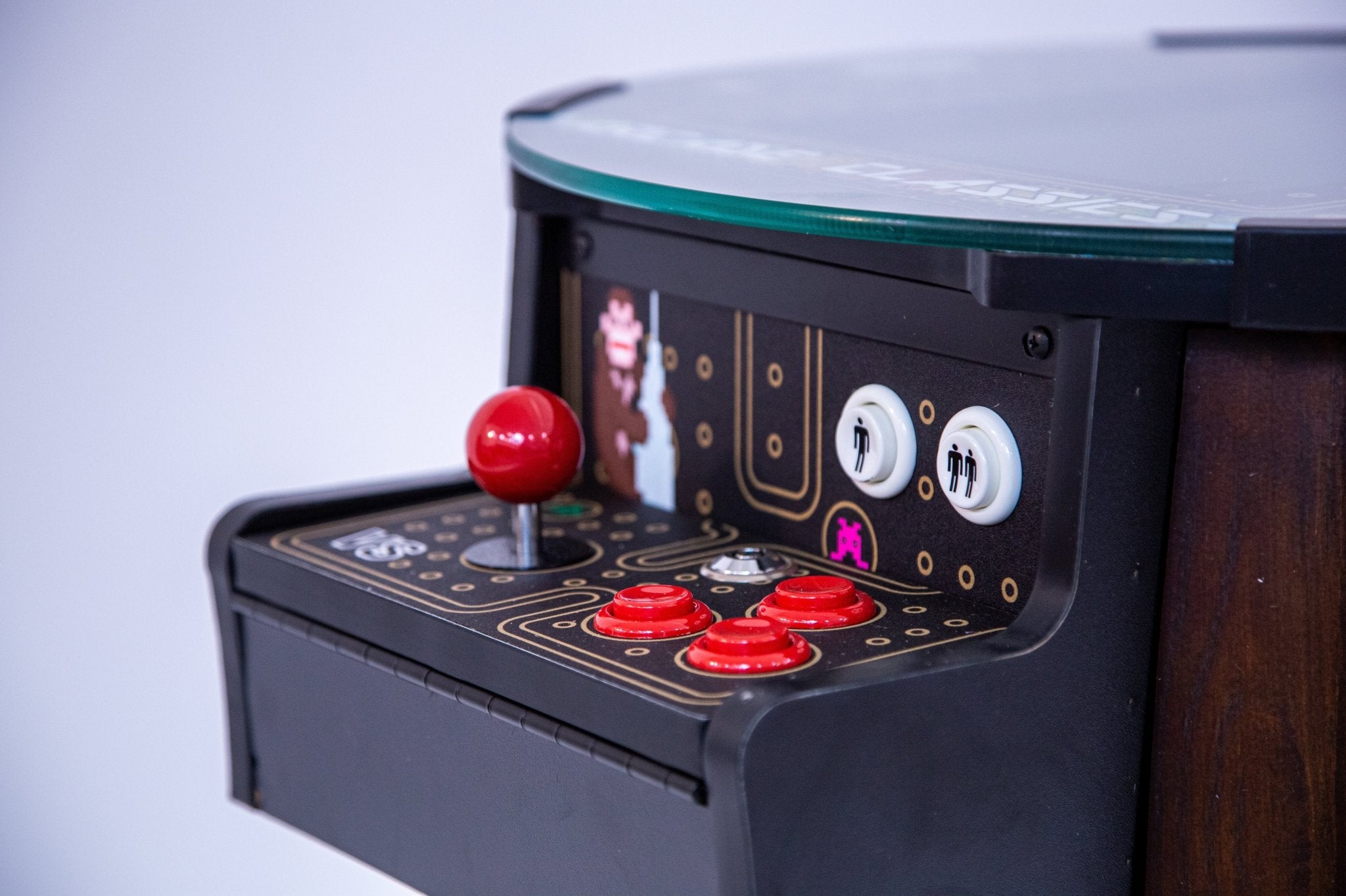 Premium barrel arcade machine features artisan-crafted joysticks paired with responsive tactical microswitch arcade buttons.