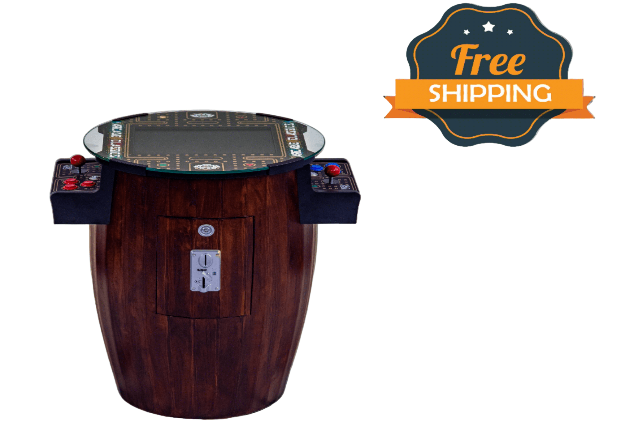 Premium barrel arcade machine features a bespoke vintage metallic dual coin door plate centered on the main hardware body.