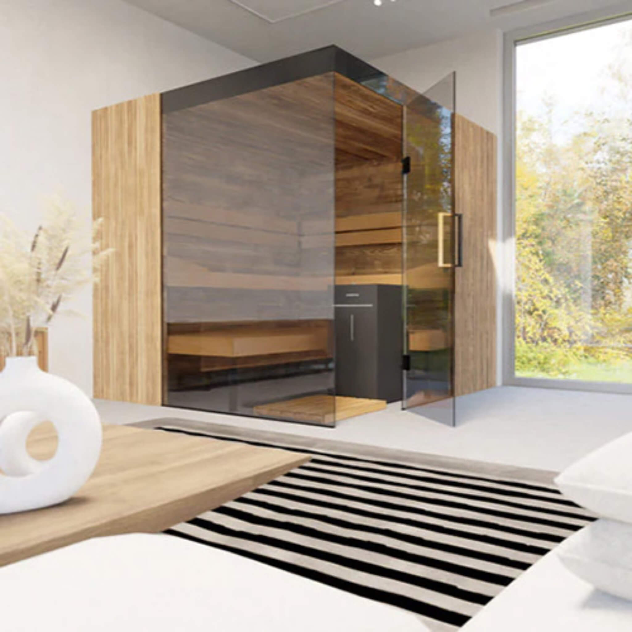 Artisan panoramic glass sauna cabin four-person thermal retreat installed within luxury estate spa suites at Home Man Cave
