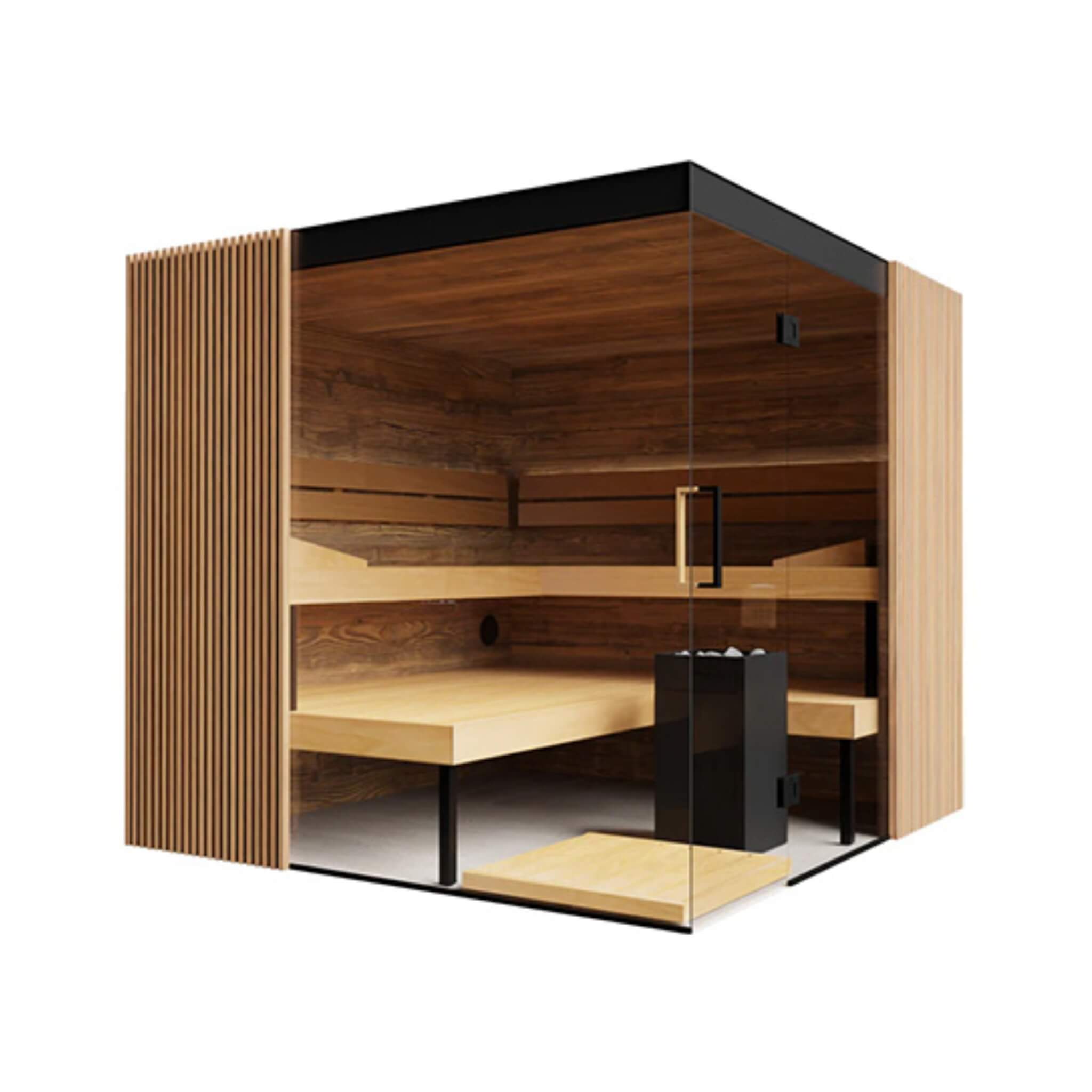Artisan panoramic glass sauna cabin crafted with brushed Tyrol wooden paneling and moisture-resistant Thermo-Aspen benches