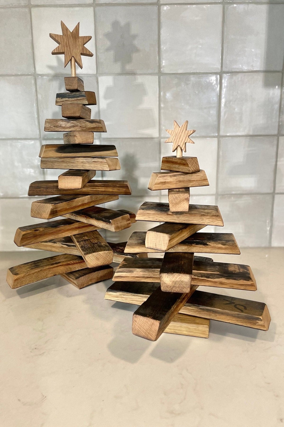 Authentic barrel christmas tree handcrafted from reclaimed bourbon staves for luxury holiday lounge decor at Home Man Cave.