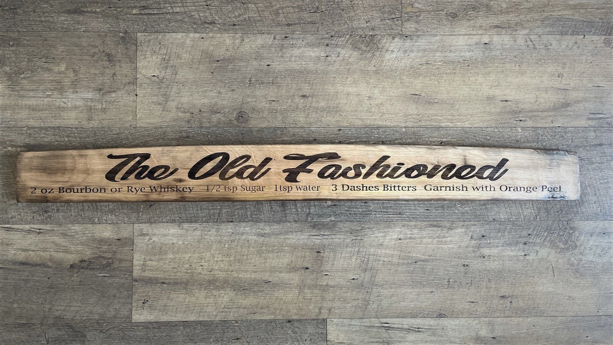 Artisan cocktail recipe stave sign detailed with laser-engraved Old Fashioned recipes across smooth satin-sealed oak staves.