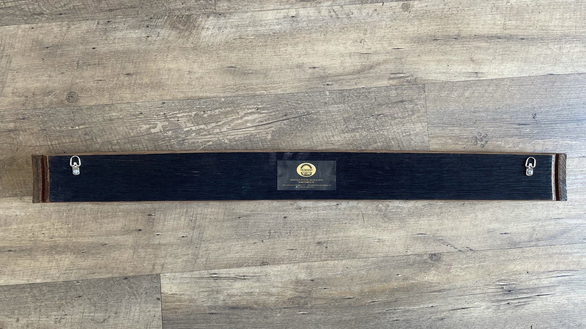 Custom cocktail recipe stave sign engineered with sealed authentic charred wood backings and dual heavy-duty wall hangers.