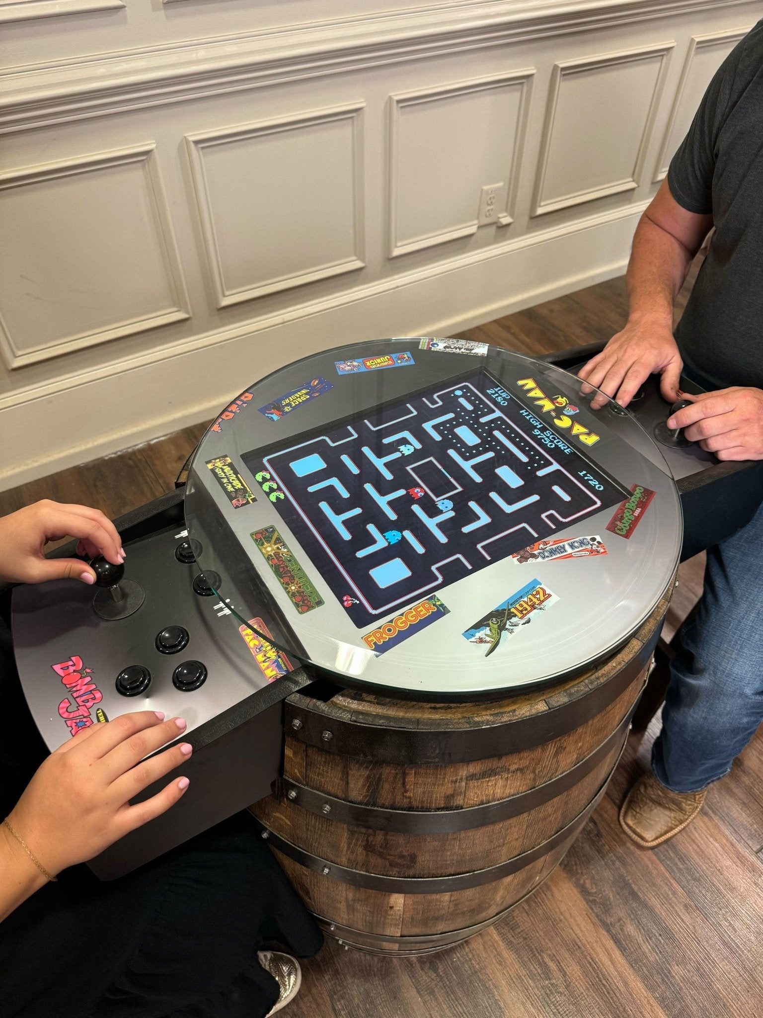 custom barrel arcade table interactive two player cocktail gaming unit electronic multi game entertainment at Home Man Cave
