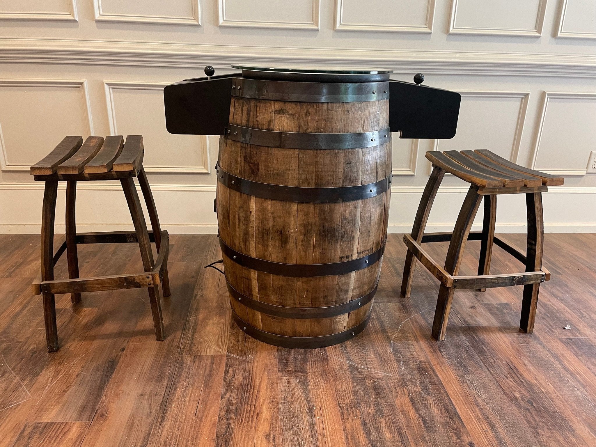 custom barrel arcade table matching timber stools package suite luxury rustic basement speakeasy furniture at Home Man Cave
