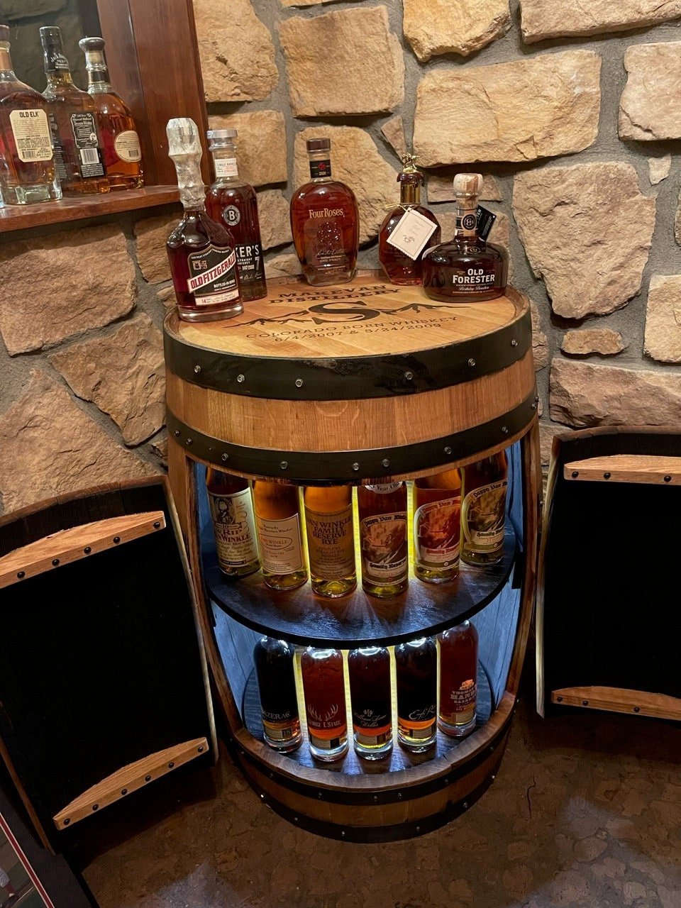 Artisan bourbon barrel cabinet crafted from solid oak staves to anchor sophisticated estate lounge bars at Home Man Cave.