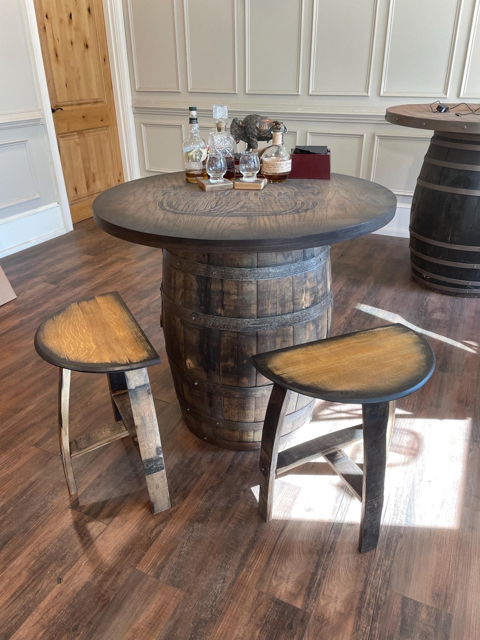 Artisanal bourbon bar stool set hand-crafted from authentic distillery staves for luxury home bars at Home Man Cave