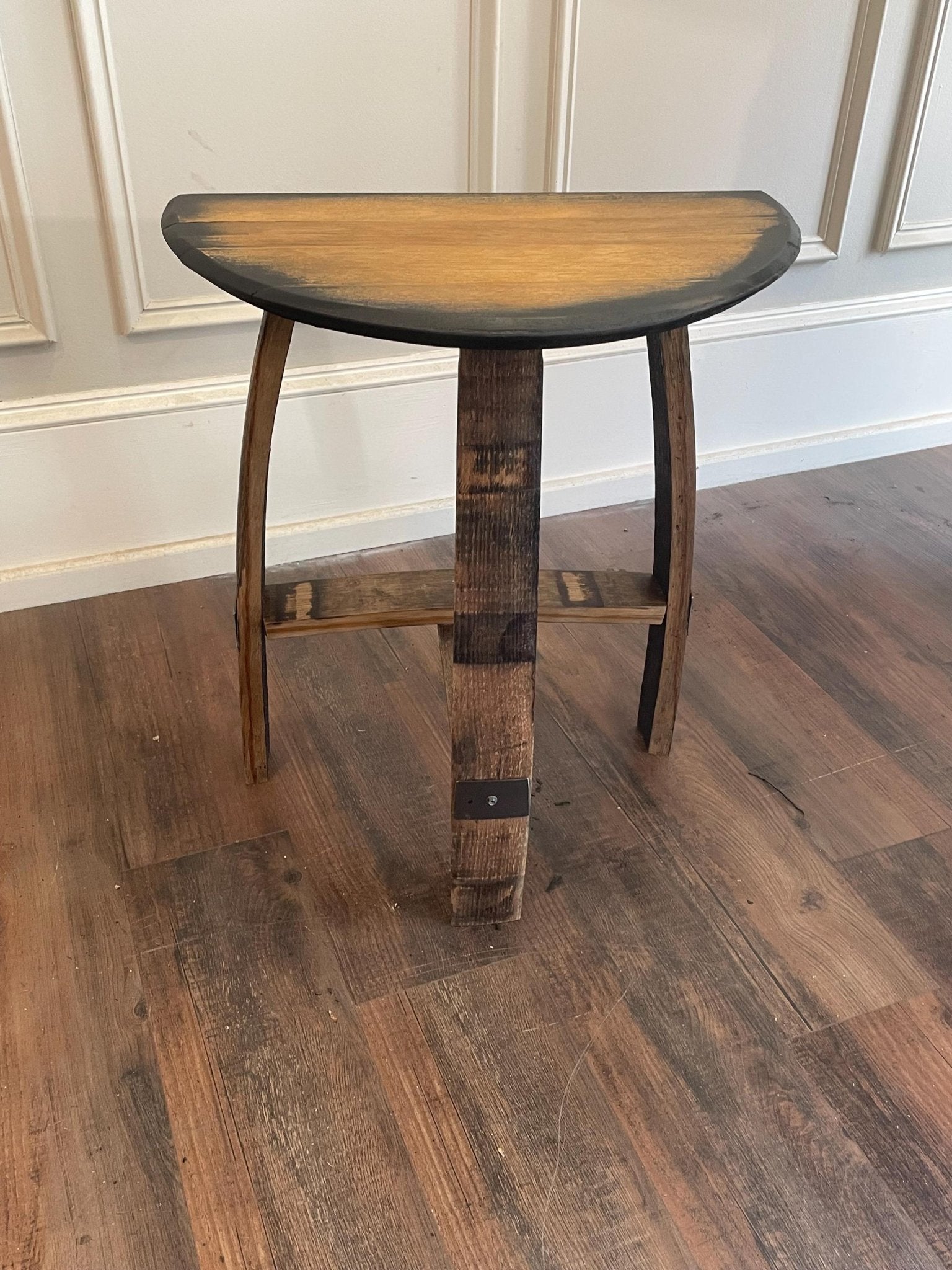 Reclaimed bourbon bar stool crafted with a solid barrel head seat profile and tailored height options for luxury bars