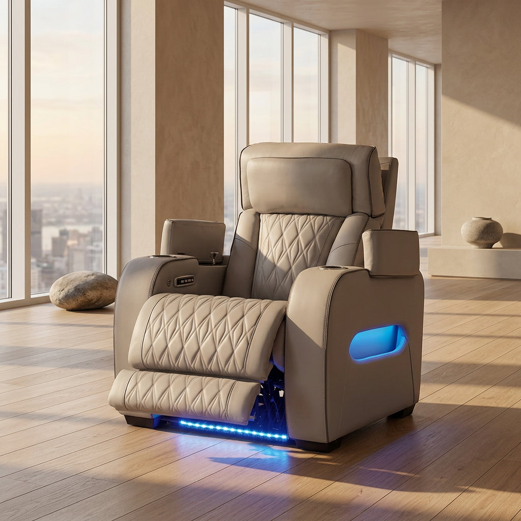 Boyington luxury power recliner provides motorized ergonomic recline across a bespoke penthouse sanctuary at Home Man Cave