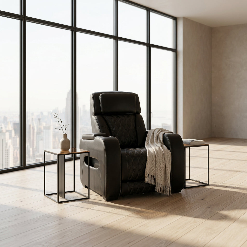 Boyington luxury power recliner delivers master-crafted diamond-quilted comfort within an estate cinema at Home Man Cave