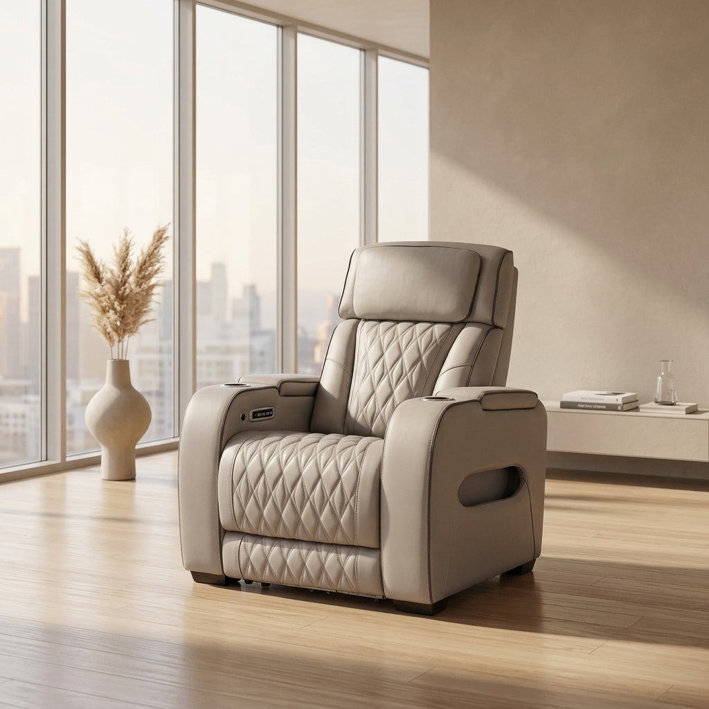 Boyington luxury power recliner pairs artisan tailoring with quiet motorized poise in an executive study at Home Man Cave