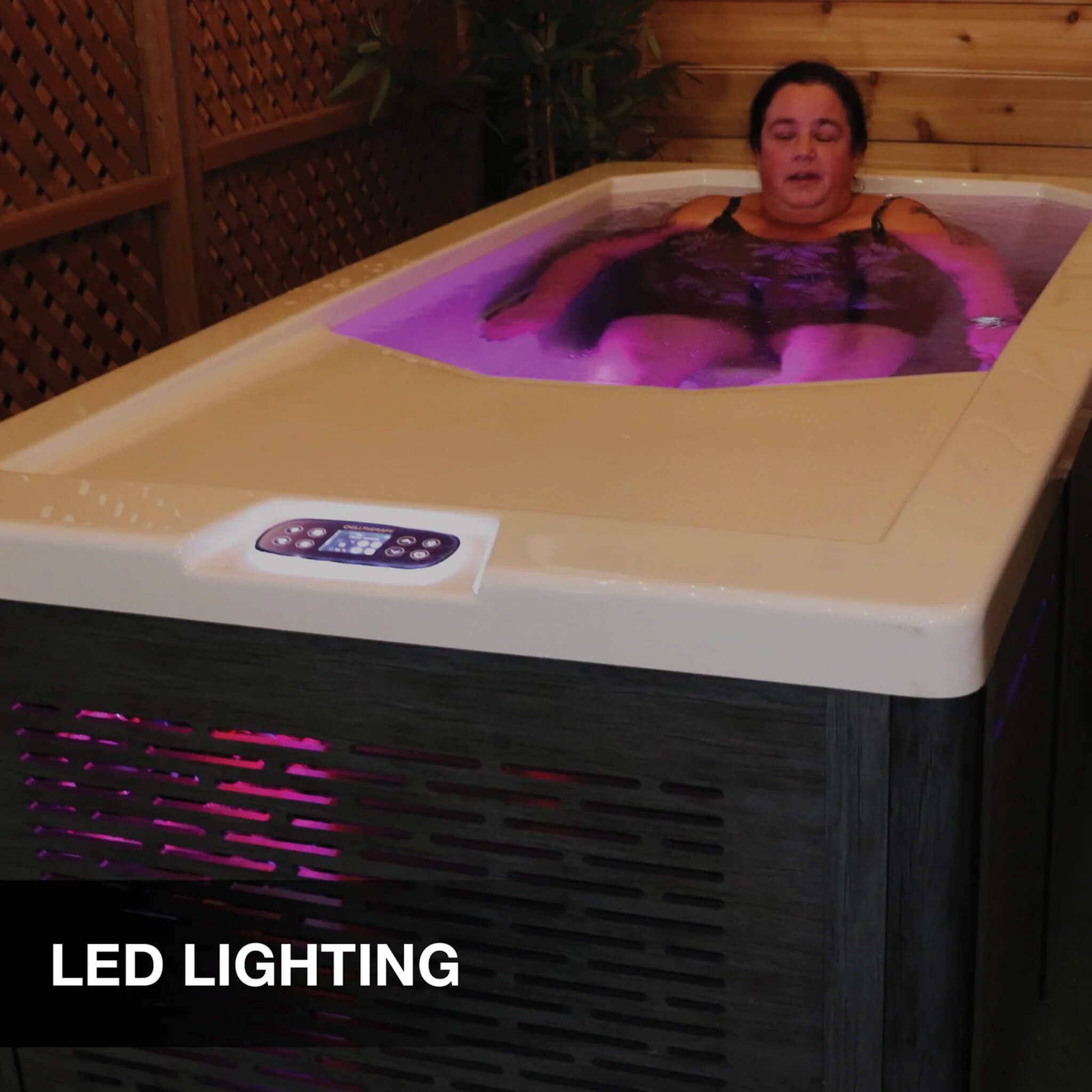 Cold plunge tub LED lighting ozone heat pump ice bath recovery biohacking cold water therapy indoor outdoor at Home Man Cave