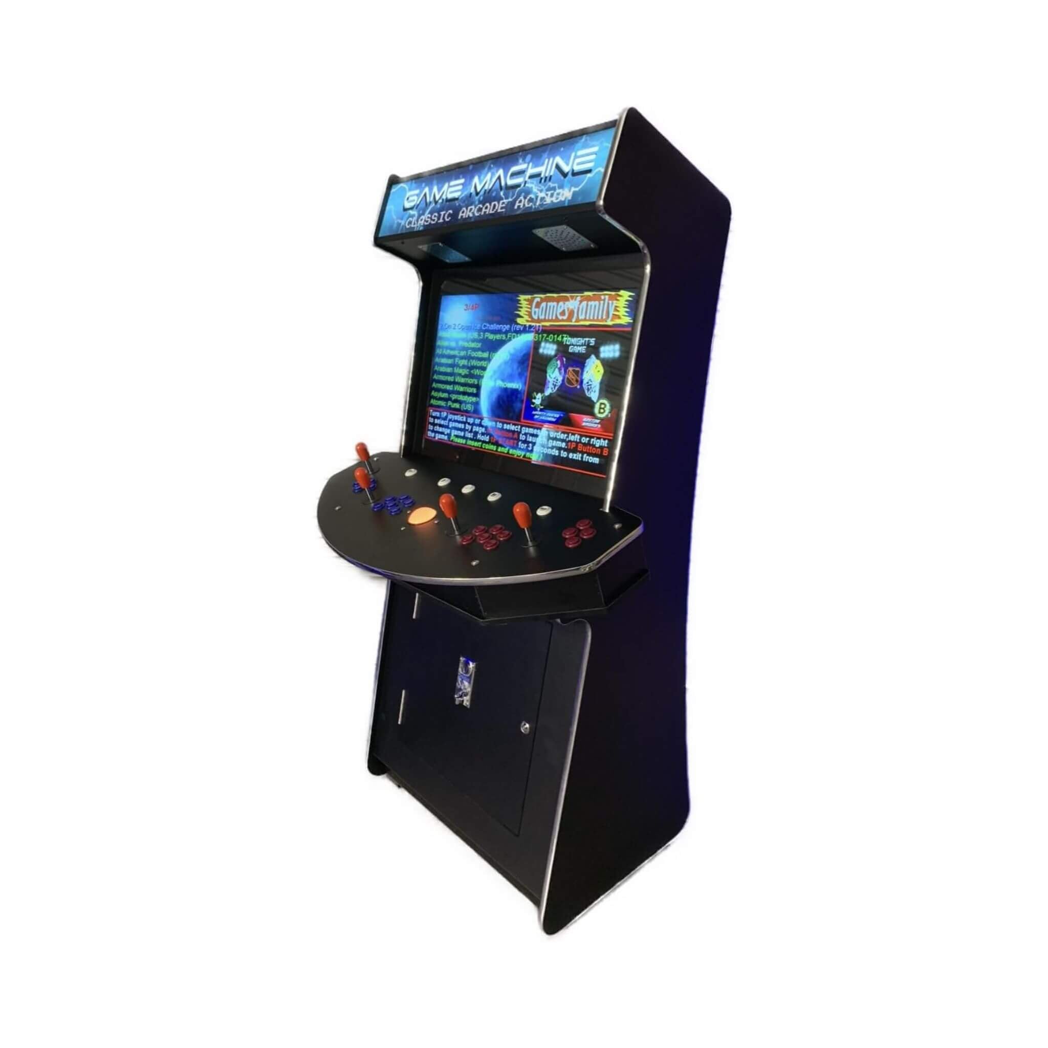 Commercial grade four player arcade machine constructed from heavy duty structural plywood for custom home cinema basements.