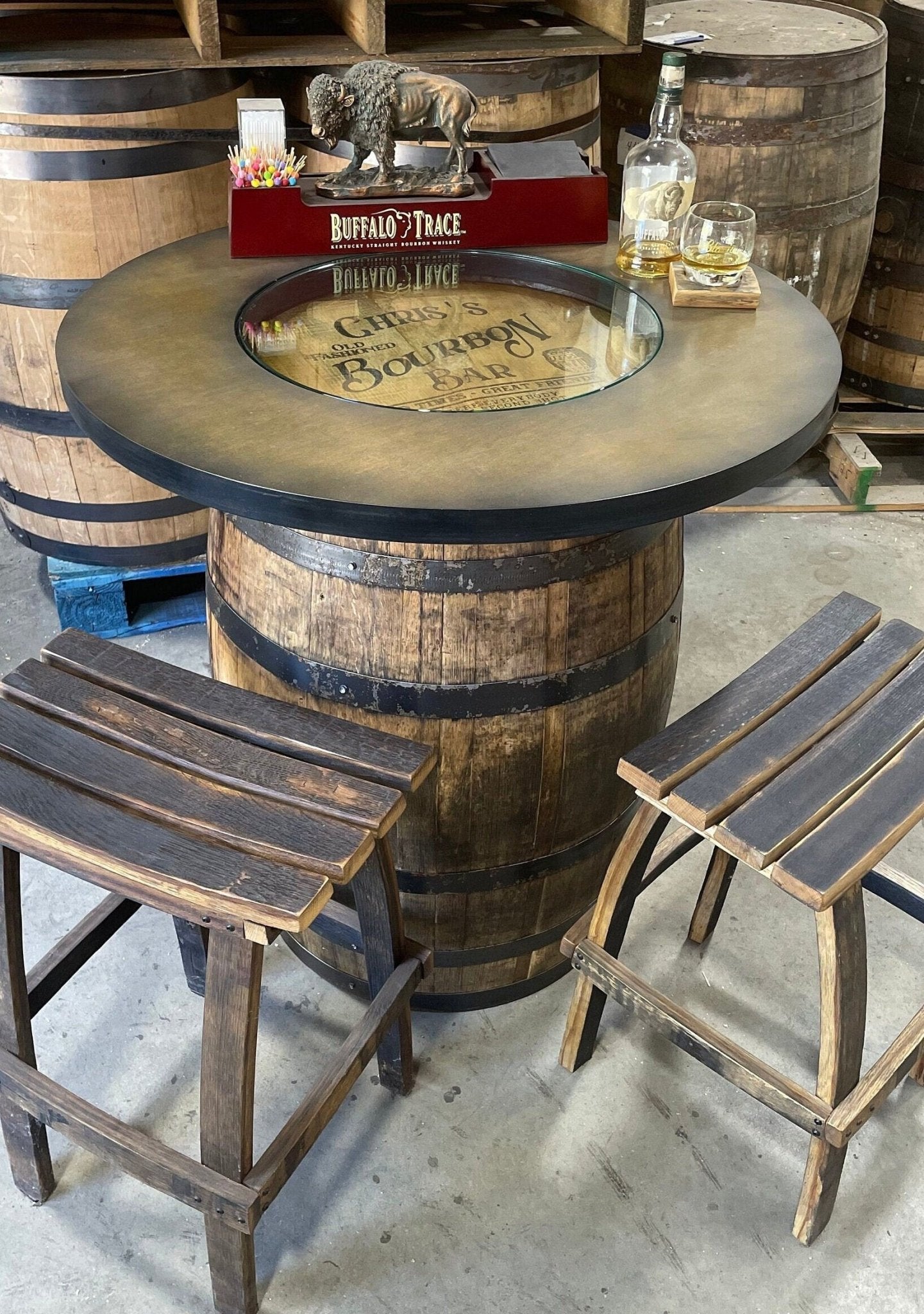 Bespoke custom barrel bar table artisan-crafted from reclaimed oak bourbon barrels for an estate bar lounge at Home Man Cave