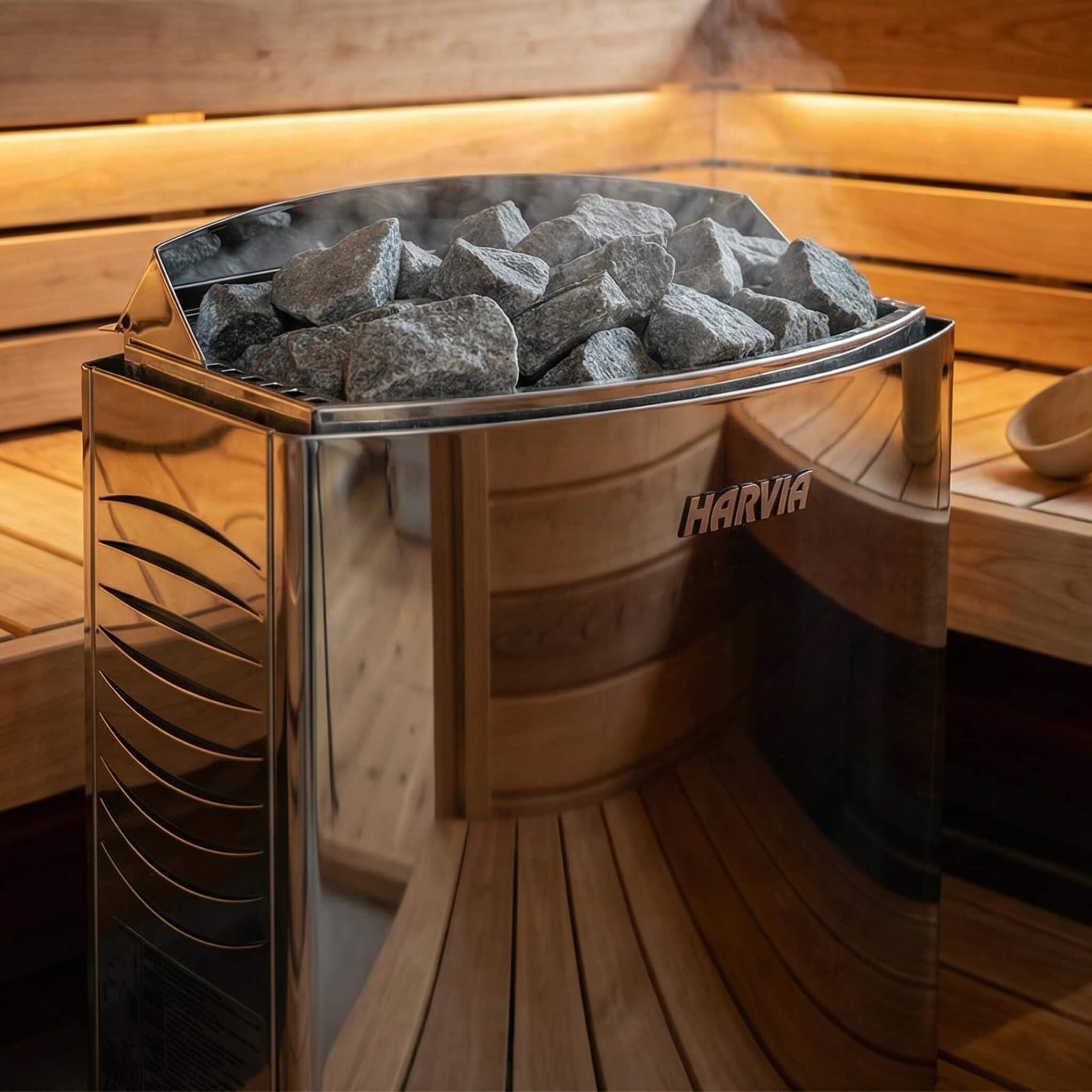 Elvaria indoor cedar sauna engineering utilizes a high-performance 6KW Harvia electric steam heater with thermal sauna stones