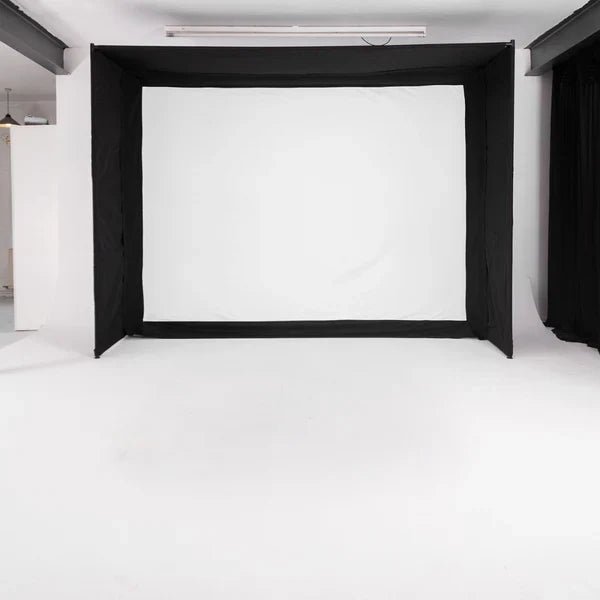 GolfBays EasySim golf simulator enclosure showcasing the Lite woven impact screen for acoustic dampening at Home Man Cave