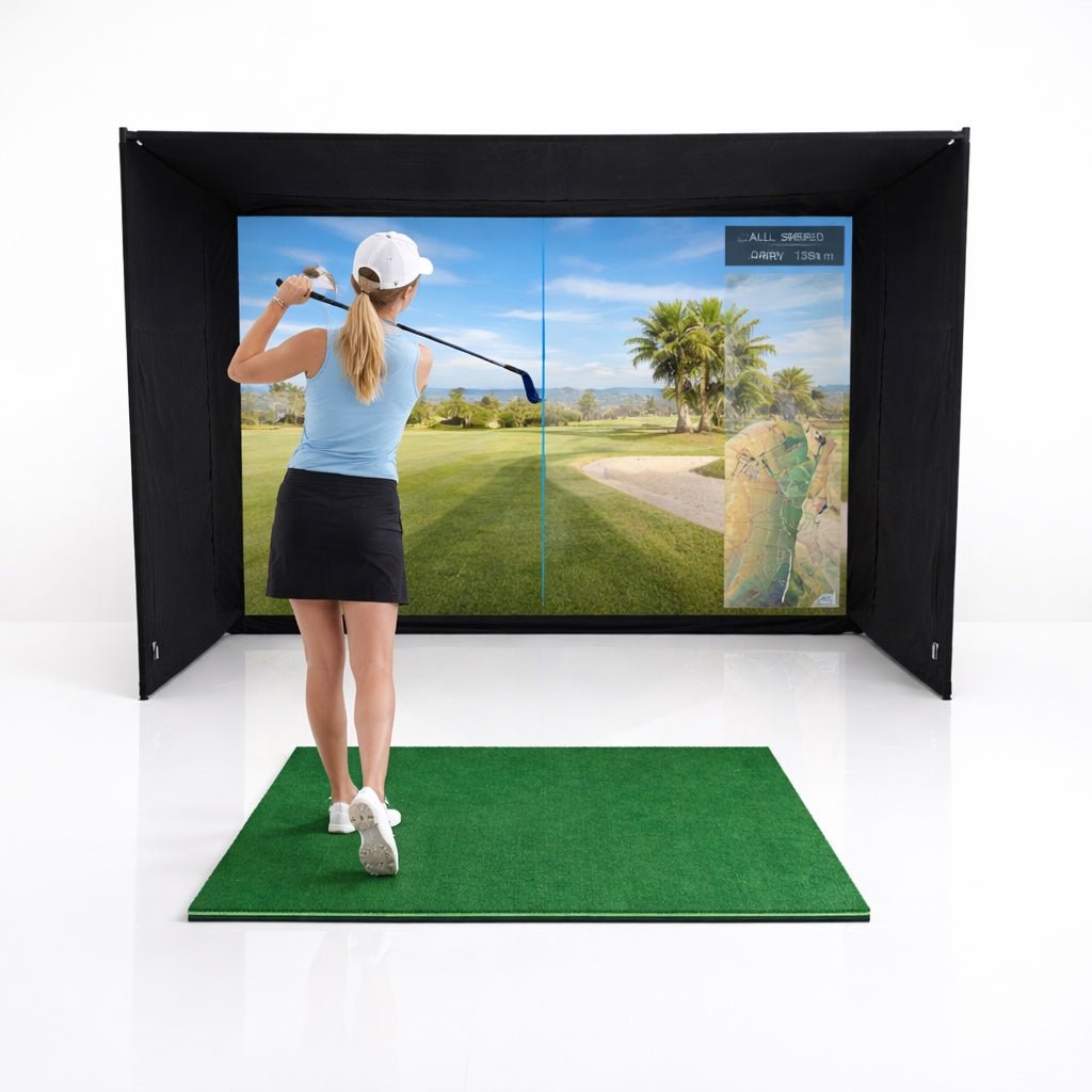 GolfBays EasySim golf simulator enclosure engineered for bespoke luxury estates and tailored private indoor athletic bays.