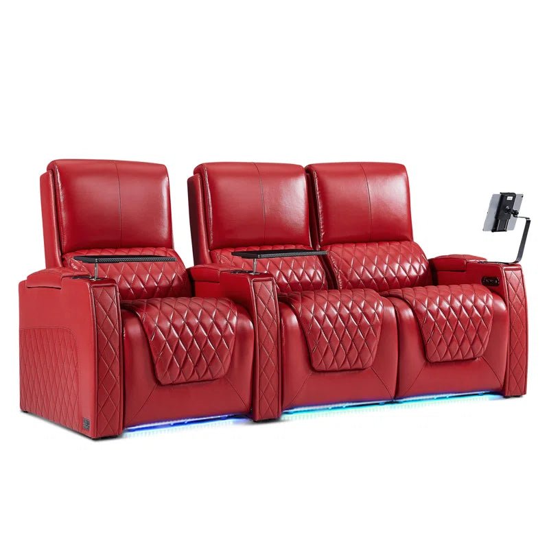 Luxury Red Leather Cinema Seating - Haiylee Zero Gravity Row of Three with Integrated Tray Tables