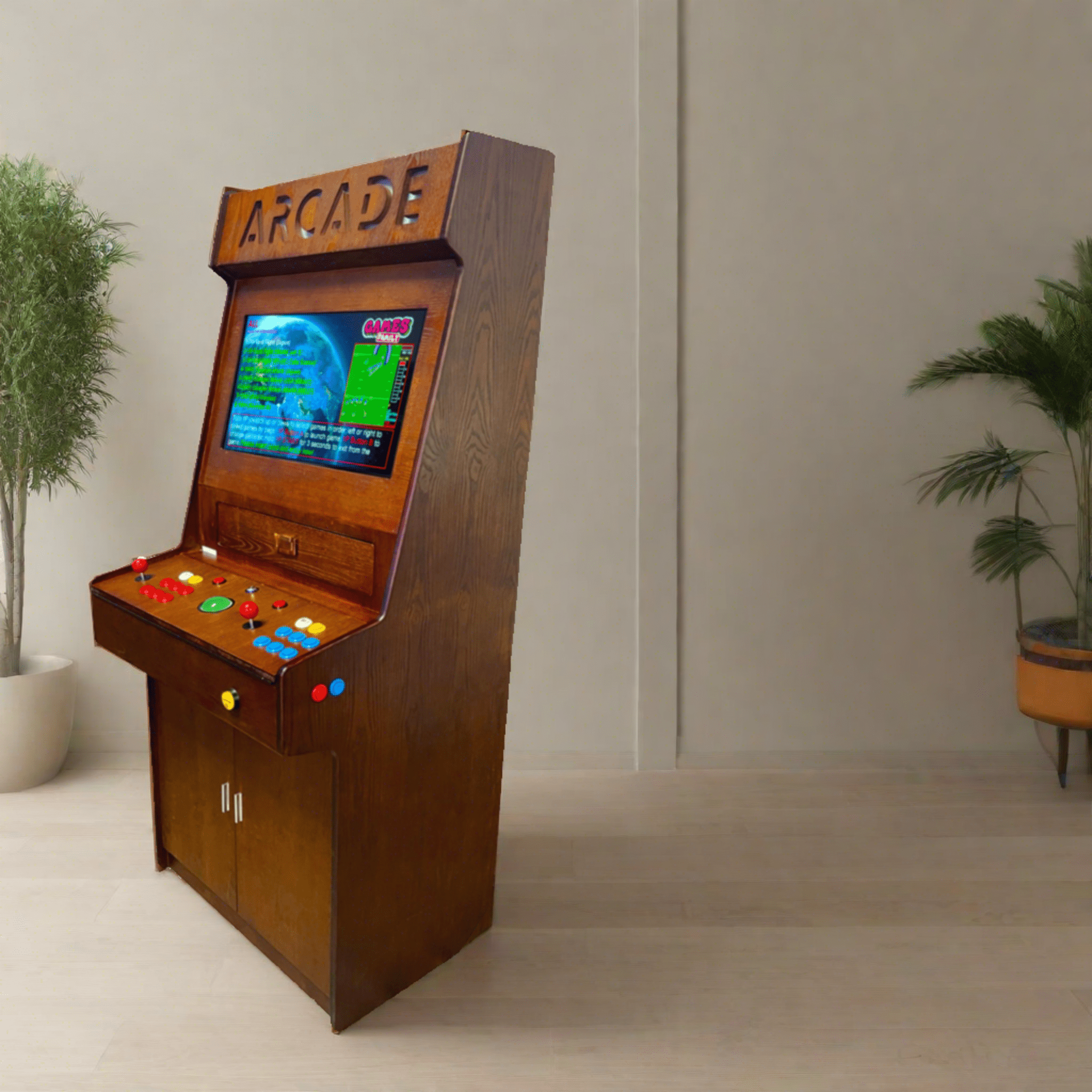 Bespoke upright arcade machine featuring an artisan-crafted heritage wood-grain finish redefines estates at Home Man Cave