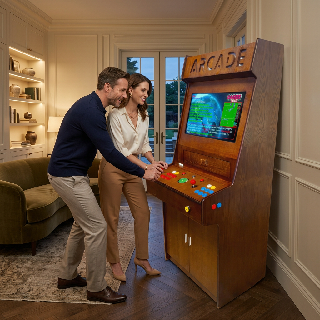 Bespoke upright arcade machine featuring an artisan-crafted heritage wood-grain finish redefines estates at Home Man Cave