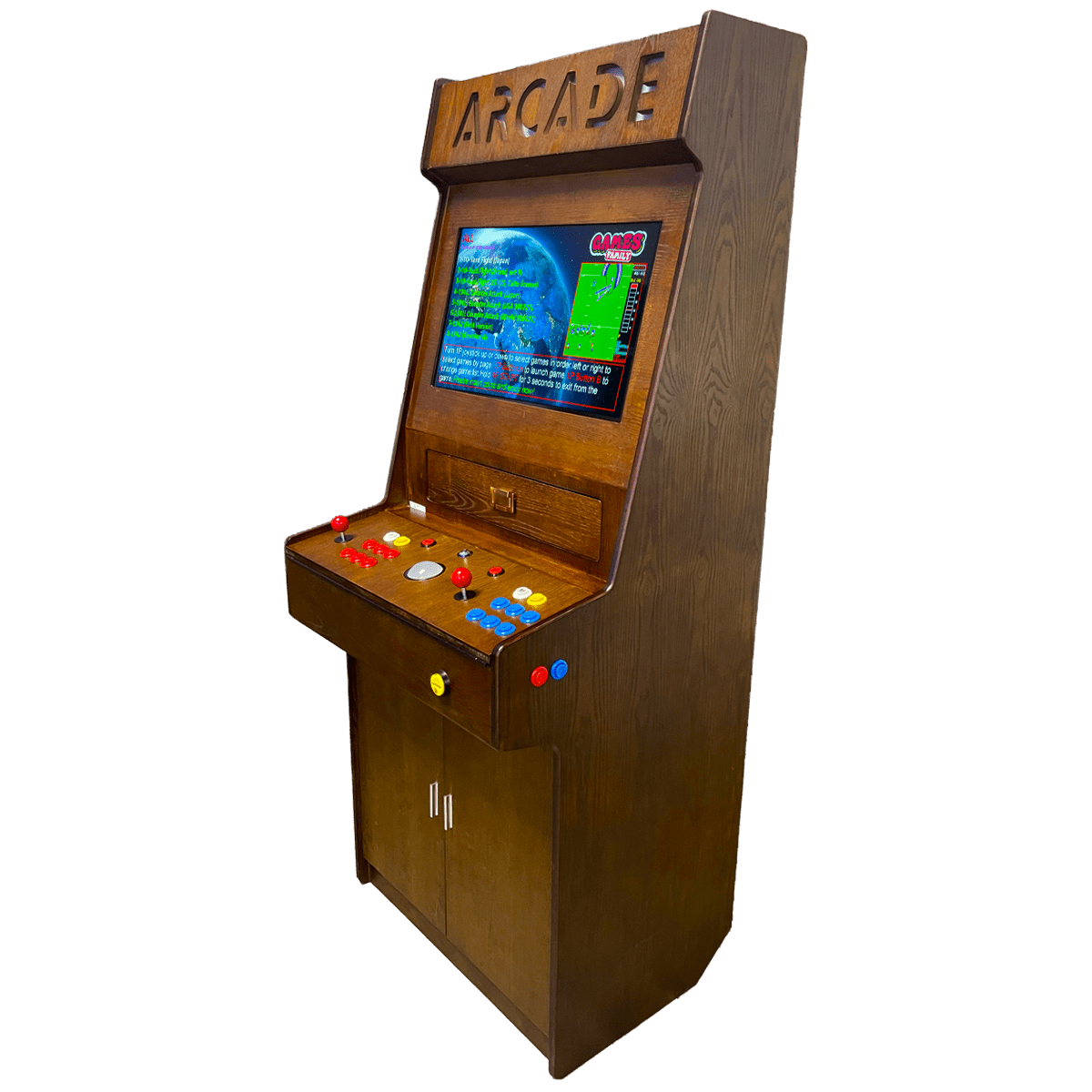 Bespoke upright arcade machine houses a premium twenty-six inch LCD monitor protected by architectural-grade tempered glass