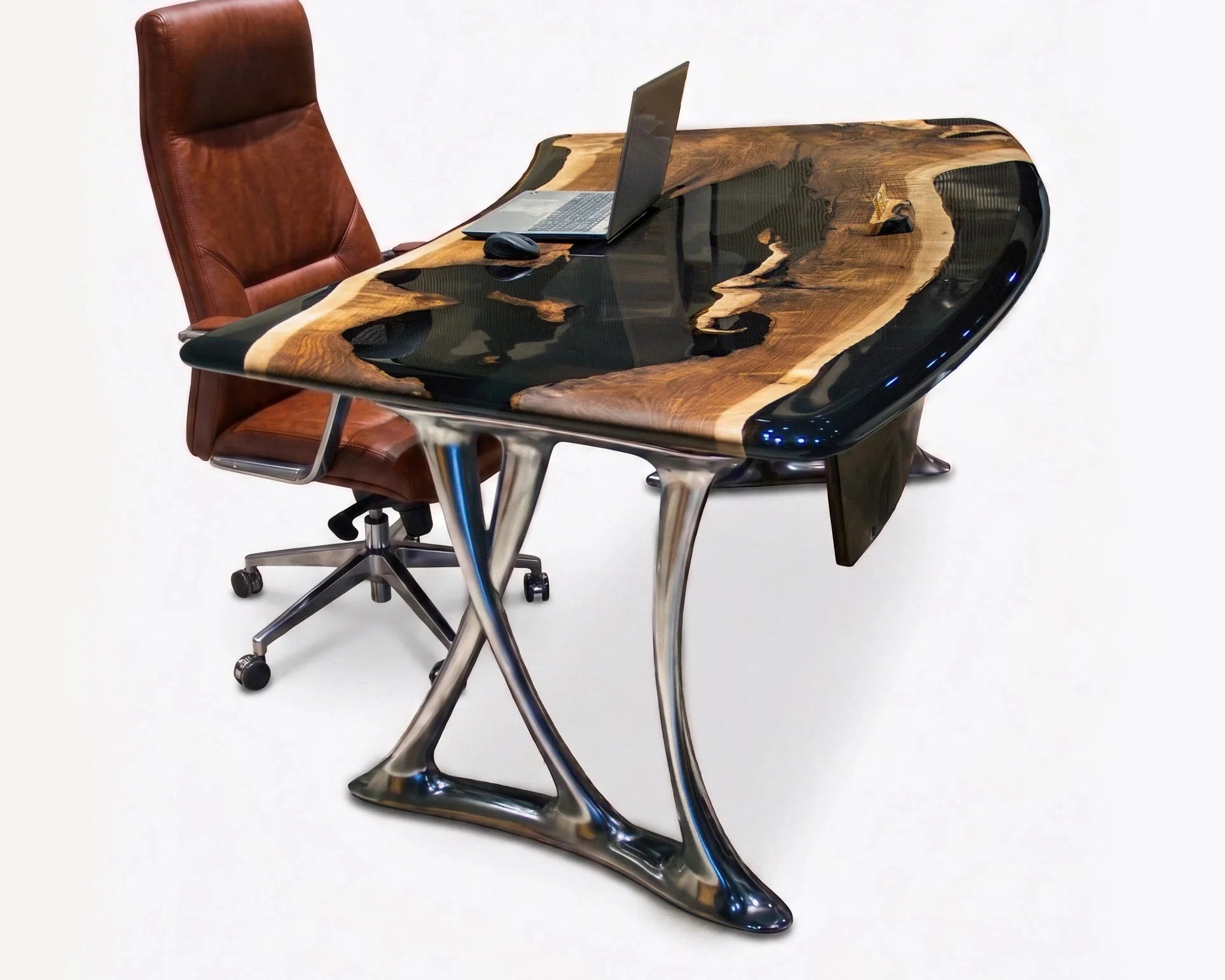 luxury live edge desk solid walnut wood epoxy resin river premium office executive furniture cast aluminum base workspaces