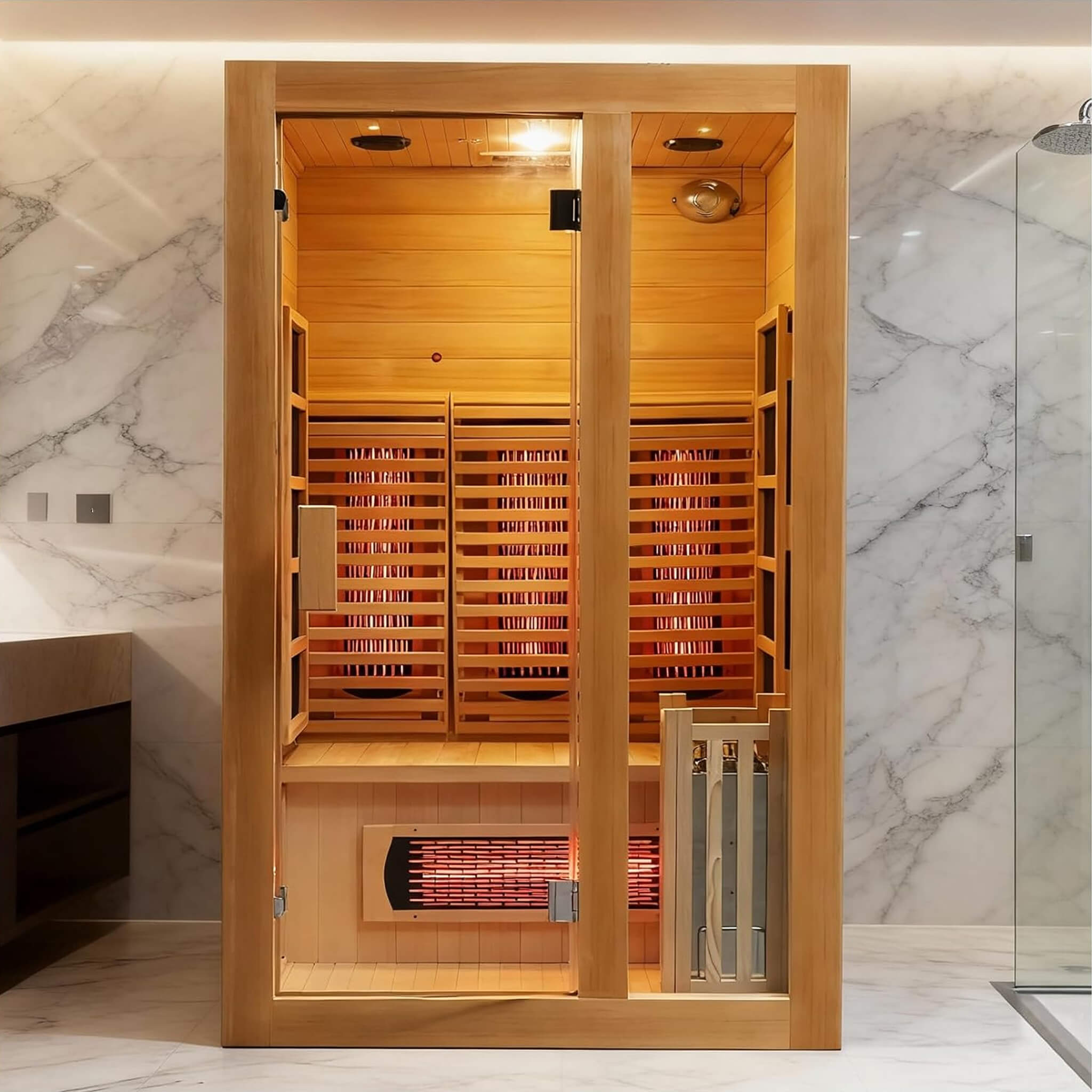 luxury 2-person indoor hybrid sauna 3.5kw traditional steam heater residential basement custom wet dry spa installation elite