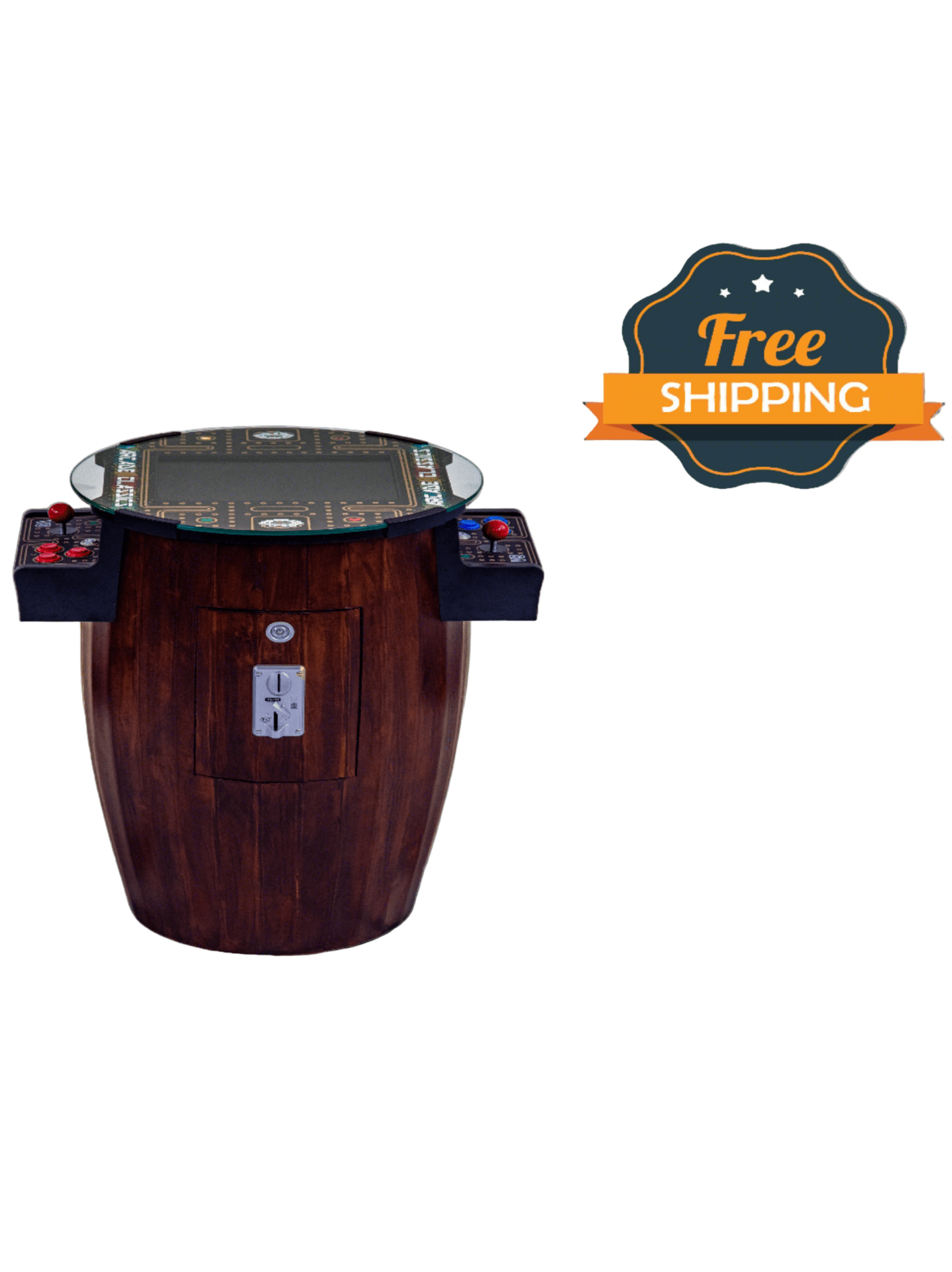 Luxury barrel arcade game integrates a fully-functioning coin door mechanism built for elite high-end residential game rooms