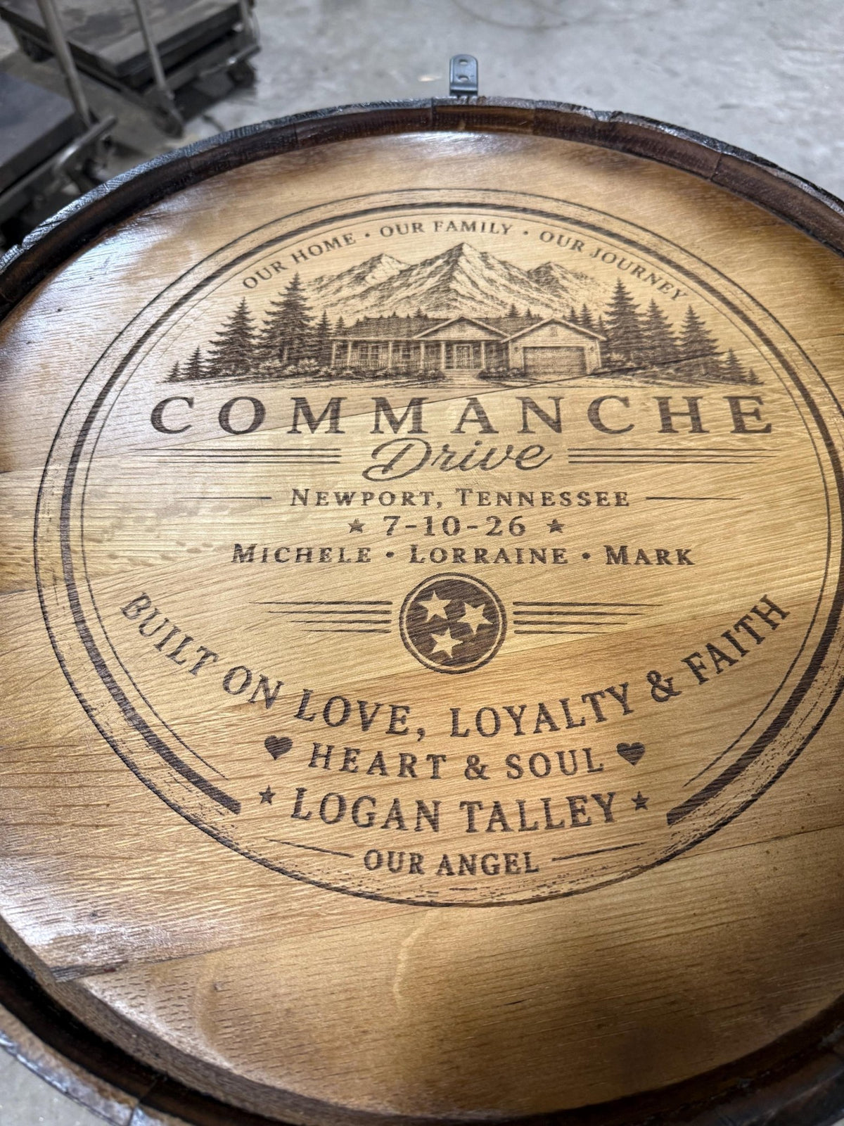 Motorized Pop Up Bourbon Barrel Cabinet. Remote control & LED lighting. Works with Alexa and Google Home. Custom engraving available.