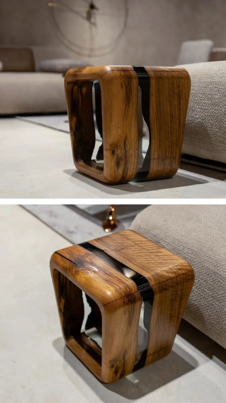 Architectural resin side table featuring multifunctional magazine storage geometry and hand-polished crystal resin finish.
