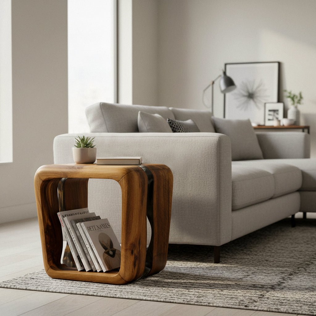 Bespoke resin side table crafted from solid timber brings architectural elegance to luxury estate lounges at Home Man Cave