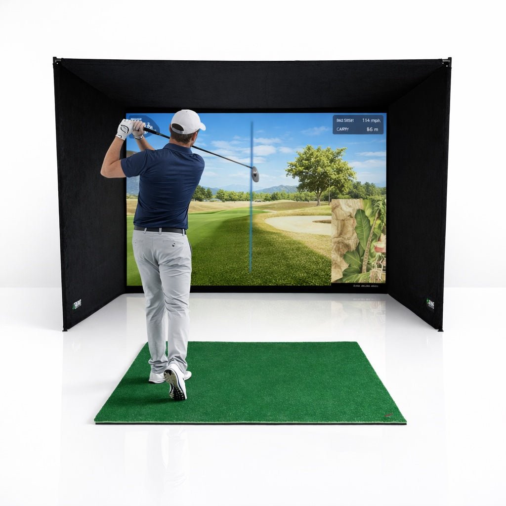 SimBox golf simulator enclosure with golfer swinging – black bay setup with green hitting mat