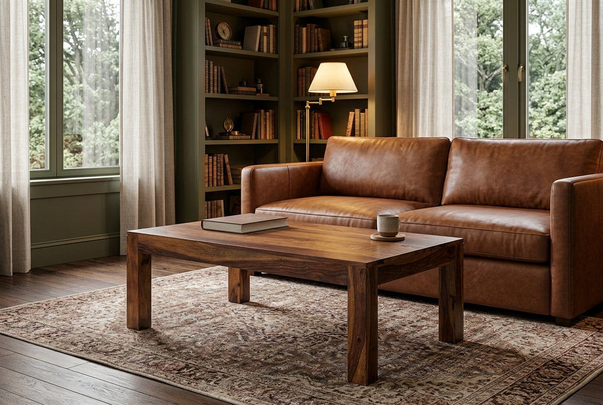 This bespoke sheesham coffee table establishes grounded, architectural warmth and heirloom quality at Home Man Cave.