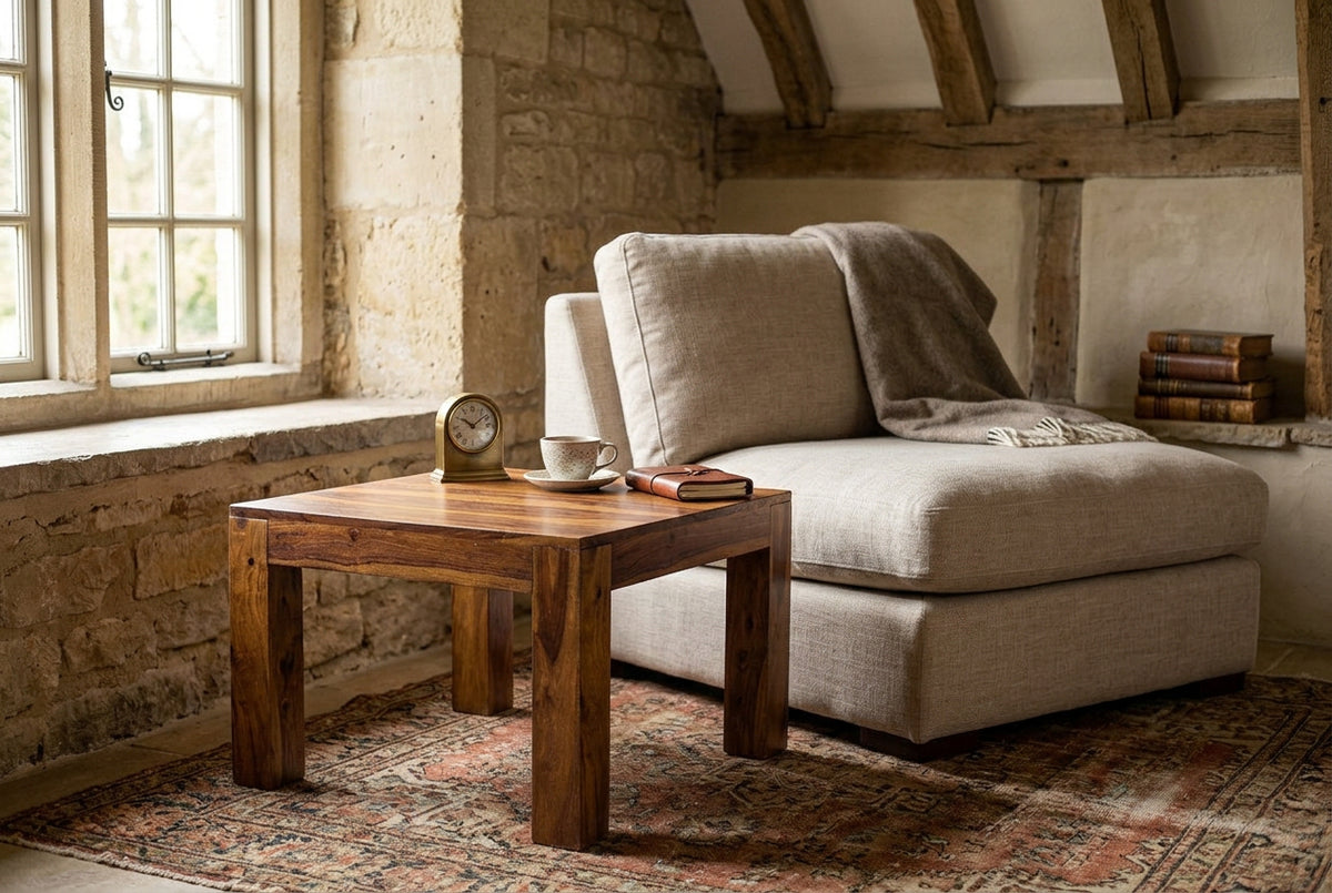 Bespoke sheesham cube coffee table handcrafted from solid timber, bringing architectural rustic warmth at Home Man Cave.