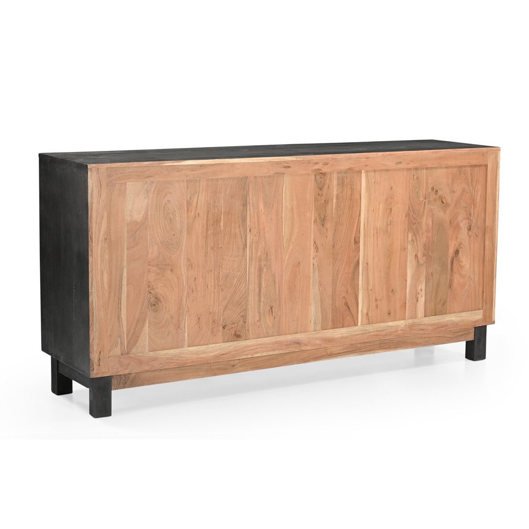 Commercial-grade rustic media console built from sustainable solid acacia timber with reinforced rear structural framing.