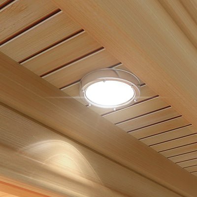 luxury 2 person infrared sauna premium interior led ceiling light illumination integrated hemlock wood roof panel design